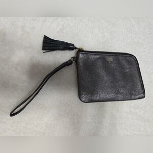 Fossil Tara Cow Hide Leather Trim Shimmery Gray Black Zip Wristlet GUC